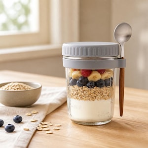 May include: A clear glass jar with a grey lid and a grey silicone band holding a silver spoon with a wooden handle. The jar is filled with layers of white yoghurt, oats, blueberries, banana slices, and raspberries, with measurement markings visible.