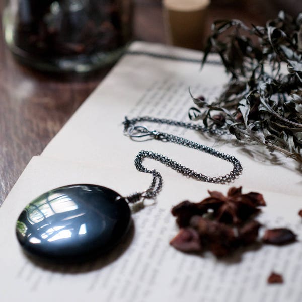 Obsidian mirror necklace, scrying pendant, large black gemstone, geometric jewellery, Magick, black obsidian necklace.