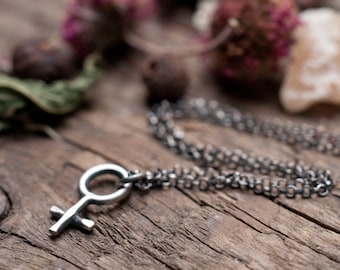 May include: A silver chain necklace with a small, silver female symbol pendant. The necklace is lying on a wooden surface with dried flowers and leaves.
