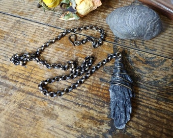 Black kyanite fan, Witches Broom necklace, antique brass wire wrapped pendant, Witchy jewelry, magick talisman, natural amulet, unisex.