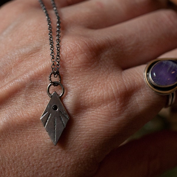 Black Star necklace, faceted black diamond pendant, gothic wedding jewelry, blackened oxidised silver pendant, alternative bridal necklace