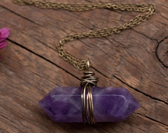 Amethyst pendant necklace, wire wrapped with antiqued brass on 18" brass chain, natural amulet talisman, witchy jewelry, February birthstone