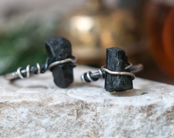 Vine rings with rough black tourmaline, Schorl nuggets, wire wrapped detail, rustic band, organic nature inspired jewelry, forest witch