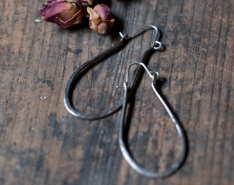 Sterling silver elongated oval hoop earrings, 925 hoops, hammered and oxidised rustic ombre hoops, simple minimal earrings, handmade hoops.