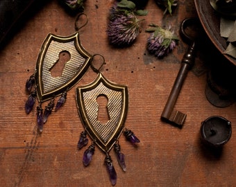 Antique keyhole escutcheon earrings, upcycled hardware, sustainable fashion, key earrings with amethyst, Hecate, recycled.