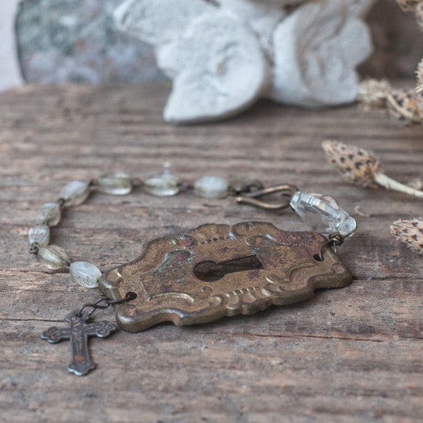 Antique keyhole escutcheon bracelet, upcycled hardware, sustainable, key bracelet, recycled, vintage rosary beads, witchy jewelry