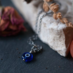 Evil eye necklace with Nazar blue glass and oxidised sterling silver, a spiritual protection good luck and karma amulet and witchy gift
