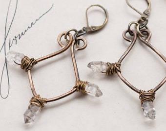 Herkimer diamond earrings, brass wire wrapped chandelier earrings with herkimer diamonds, boho tribal style.