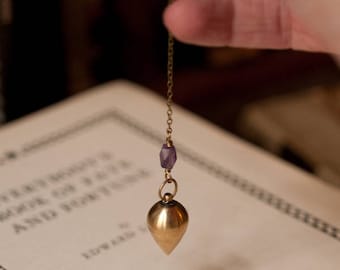 Brass pendulum necklace with amethyst, clairvoyance, divination tool, intuition, silver plated pendulum, magick, fortune telling