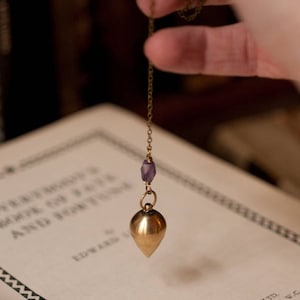 Brass pendulum necklace with amethyst, clairvoyance, divination tool, intuition, silver plated pendulum, magick, fortune telling