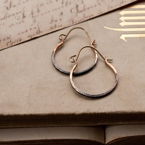 Rustic hammered brass or silver hoop earrings, ombre sleepers, small size hoops. image 1