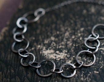 Forged link sterling silver necklace, hand fabricated chain, oxidised for depth and character, long layering necklace.