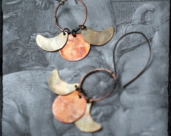 Triple moon phase earrings with mixed metal, copper and brass, flame oxidised, sterling silver ear wires.