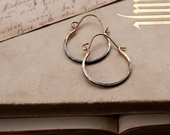 Rustic hammered brass or silver hoop earrings, ombre sleepers, small size hoops.