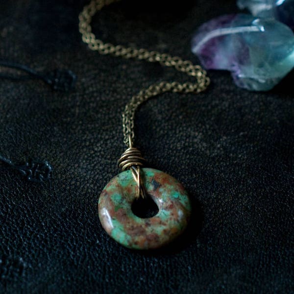 Chrysocolla pendant necklace, green gemstone donut, wire wrapped with oxidised sterling silver or brass, mineral amulet, feminine talisman.