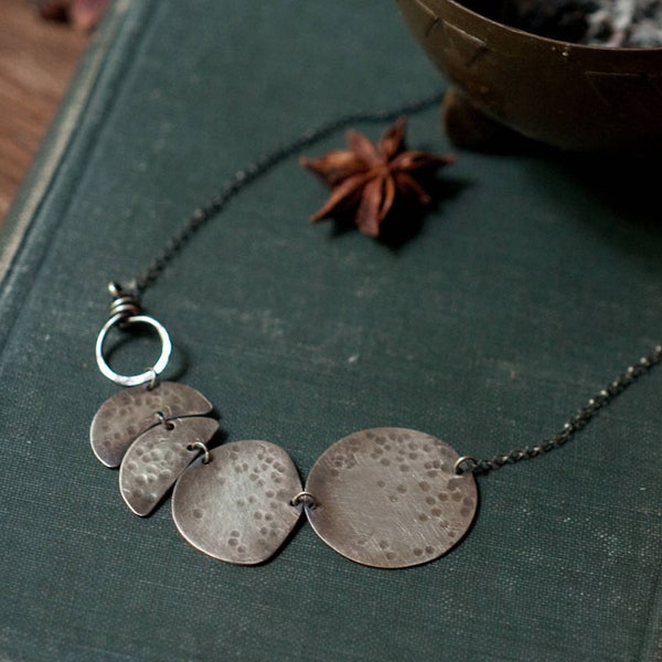 moon phase necklace -lunar cycle - lunar phase - hammered sterling silver - oxidised - moon Goddess necklace, fire patina, hammered brass.