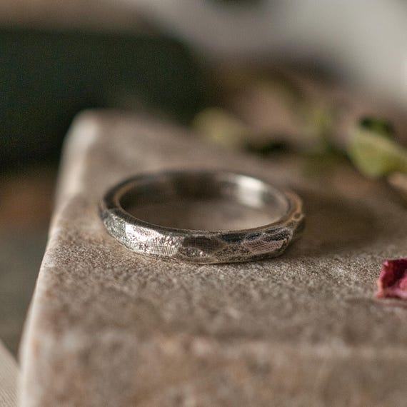 Sand cast rugged wedding band, primitive and textured solid silver wedding ring hand carved in wax