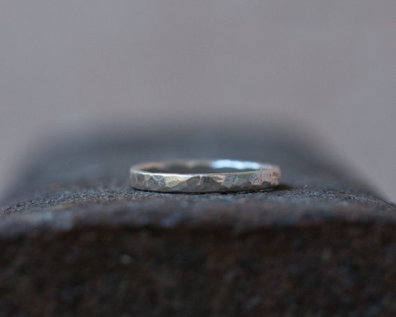 Rustic hammered wedding ring, a slim stacking ring in 925 sterling silver with hammered finish