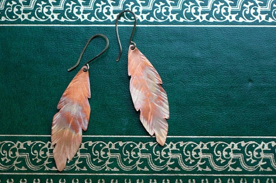 Copper feather earrings, fire oxidised, rainbow patina, hammered copper, free spirit symbol.