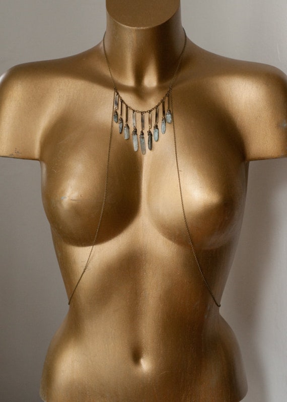 Brass Body Chain With Kyanite Cascade, Blue Kyanite Body Harness