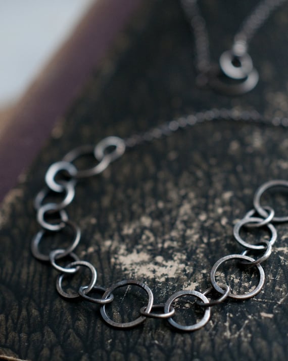 Forged link sterling silver necklace, hand fabricated chain, oxidised for depth and character, long layering necklace.