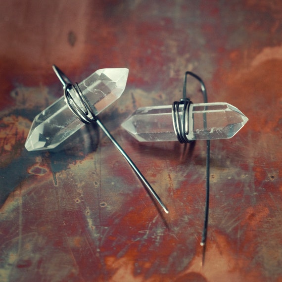 Double terminated rock crystal earrings, quartz points wire wrapped sterling silver, limited edition, Wound and Bound, FURLED earrings.