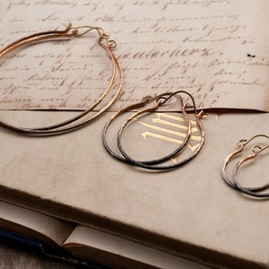 Set of three rustic hammered brass or sterling silver hoop earrings, ombre sleepers in small, medium, large, stacking set of three earrings.