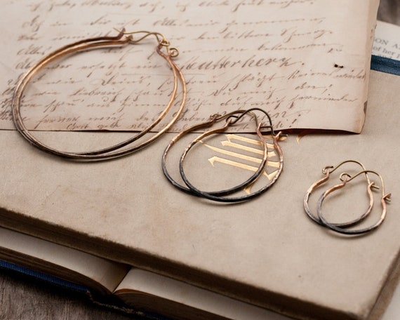 Set of three rustic hammered brass or sterling silver hoop earrings with ombre patina