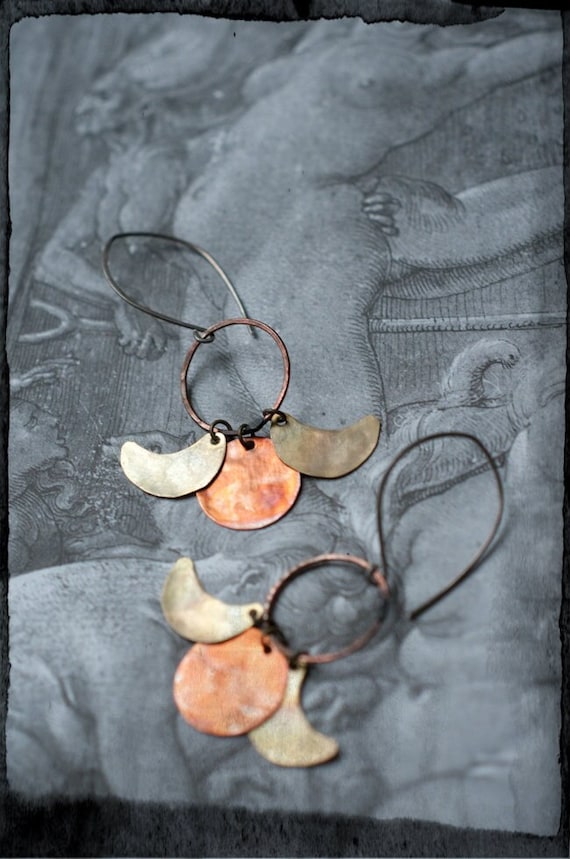 Triple moon phase earrings with mixed metal, copper and brass, flame oxidised, sterling silver ear wires.