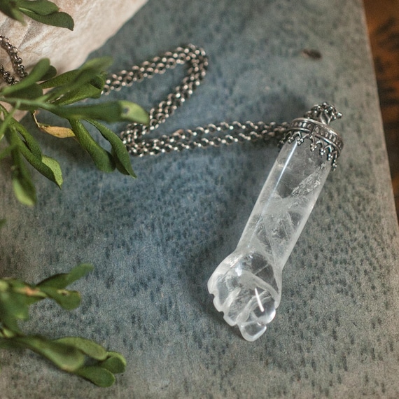 Quartz Figa fist pendant necklace with sterling silver, mano fico pendant for good luck, and protection amulet, Goddess and virility charm,