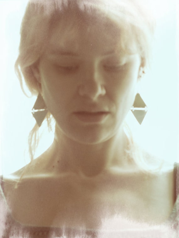 Fire and water, masculine and feminine, geometric earrings, triangle earrings, mixed metal, brass and silver, sterling silver ear hooks.