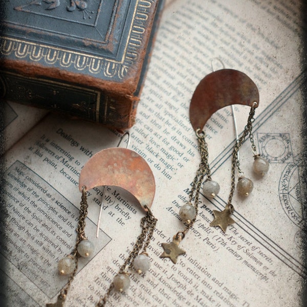 Long statement earrings, fire oxidised copper crescent moons with labradorite and vintage brass stars on sterling silver rigid ear wires.