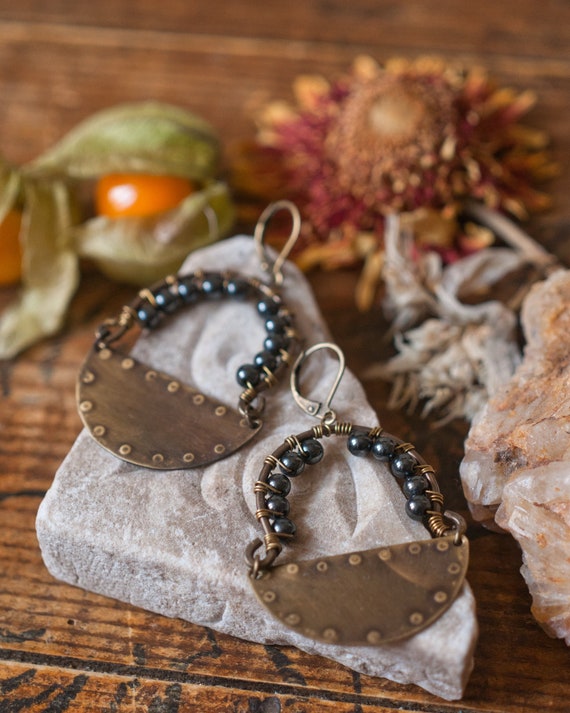 Tribal stamped antiqued brass and wire wrapped hematite earrings, protection amulet and confidence booster for warrior folk