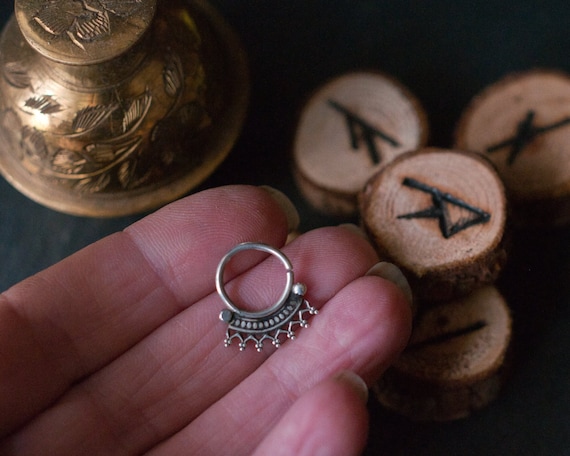 Sterling silver handmade septum ring, 925 piercing, antiqued decorative bohemian septum ring, twist to open 16 gauge cartilage hoop.