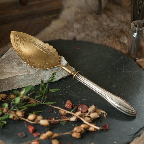 Silver and brass altar spoon, vintage flatware in mixed metals for use in spell crafting and ceremonial magic. A witchy housewarming gift.
