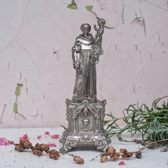 Silver tone statue of St Anthony, the patron saint of lost things, for your home altar