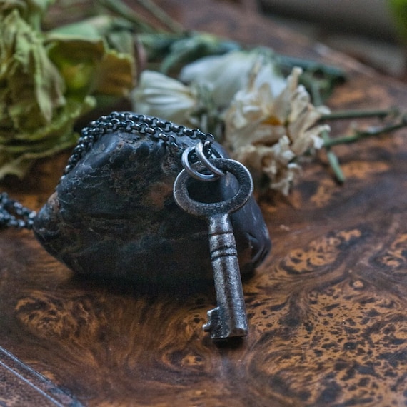 Sterling silver key charm, Hekate amulet, good luck talisman cast from an antique key, oxidised finish, miniature amulet. witch necklace