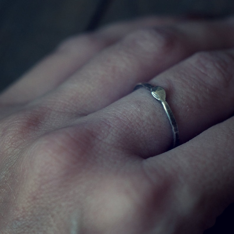 Op de afbeelding: Een eenvoudige zilveren ring met een klein, puntig detail aan de bovenkant.