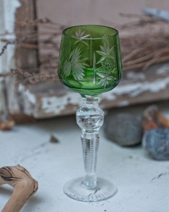 Green bohemian glass goblet, vintage altar chalice, Boho style wine glass, witchy gift, housewarming, cut glass, ritual glass goblet.