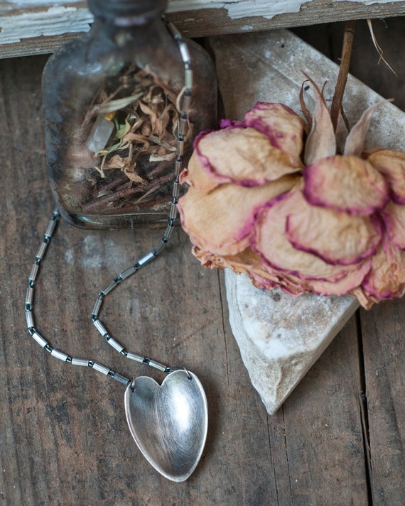 Love heart necklace, Valentine gift, upcycled cutlery jewelry, Hildesheim rose spoon, love token, sweetheart talisman, Luckenbooth.