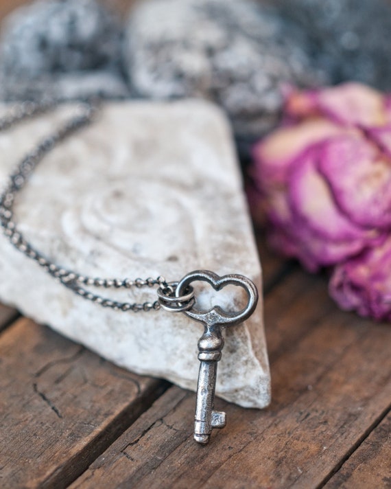 Sterling silver key charm, Hekate amulet, good luck talisman cast from an antique key, oxidised finish. witch necklace