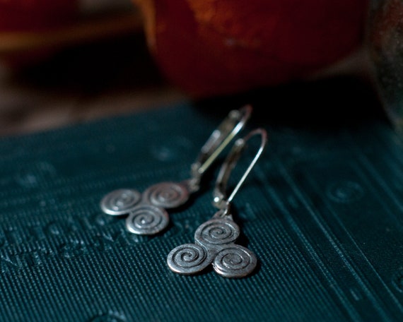 Triple Spiral earrings, Triskele earrings, oxidised sterling silver charm, maternity jewelry, triple Goddess symbol, neo-Pagan, Magic symbol