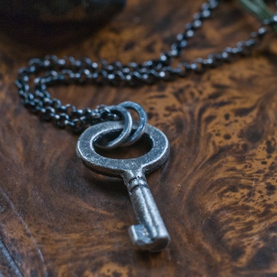 Sterling silver key charm, Hekate amulet, good luck talisman cast from an antique key, oxidised finish, miniature amulet. witch necklace
