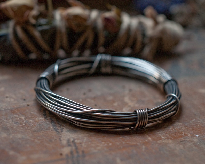 Thick chunky rustic wire wrapped bangle oxidised copper, silver or brass stacking bangles, wound and bound, infinity bracelet, unisex bangle image 6