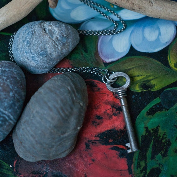 Iron skeleton key necklace, genuine vintage iron key accented with sterling silver, to honour Hekate and as road opener talisman.