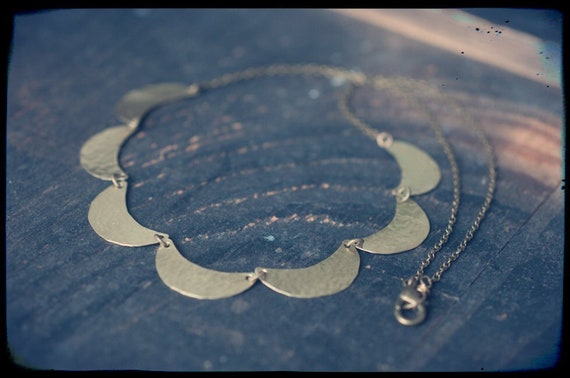 Hammered brass crescent moon necklace, seven moons, magick symbols, feminine energy, Goddess necklace.
