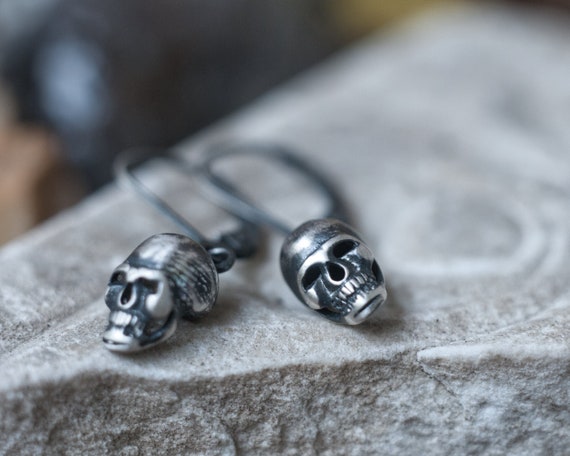 Skull earrings, tiny sterling silver skulls, oxidised silver, memento mori jewellery, mourning jewellery, witchy earrings, death witch