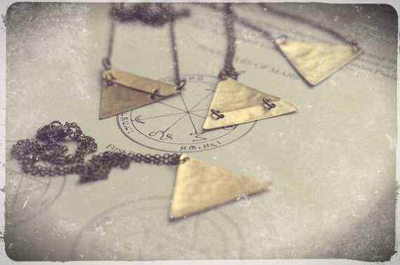 Elemental Alchemy necklace talisman for Earth, Air, Fire and Water... hand cut and hammered from sheet brass.