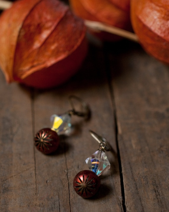 Vintage button earrings, repurposed buttons and vintage midcentury iridescent bi-cone bead earrings with brass lever backs, one of a kind.