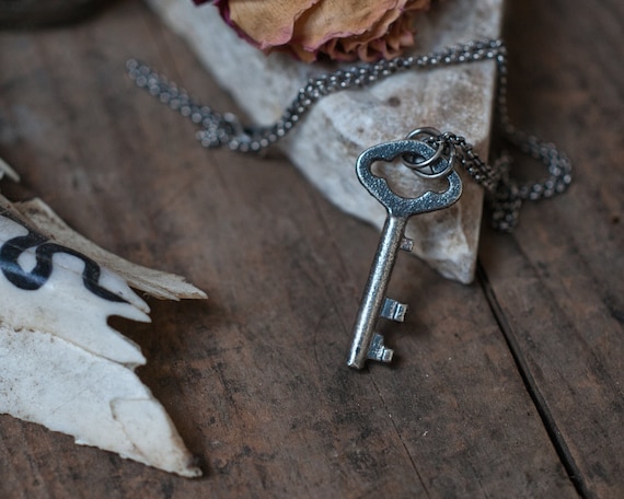 Sterling silver key charm, Hekate amulet, good luck talisman cast from an antique key, oxidised finish, miniature amulet. witch necklace